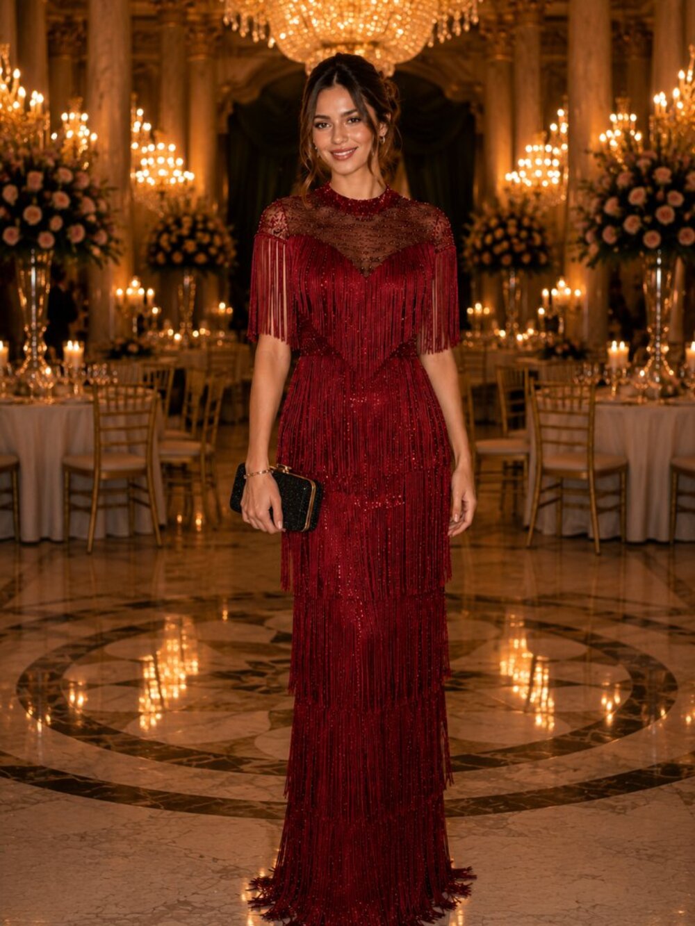 Burgundy Beaded Fringe Evening Gown | Great Gatsby Formal Dress | Maxi Dress |